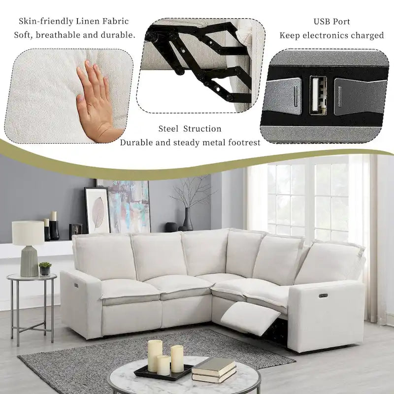Canapé d'angle en lin avec inclinaison électrique et USB