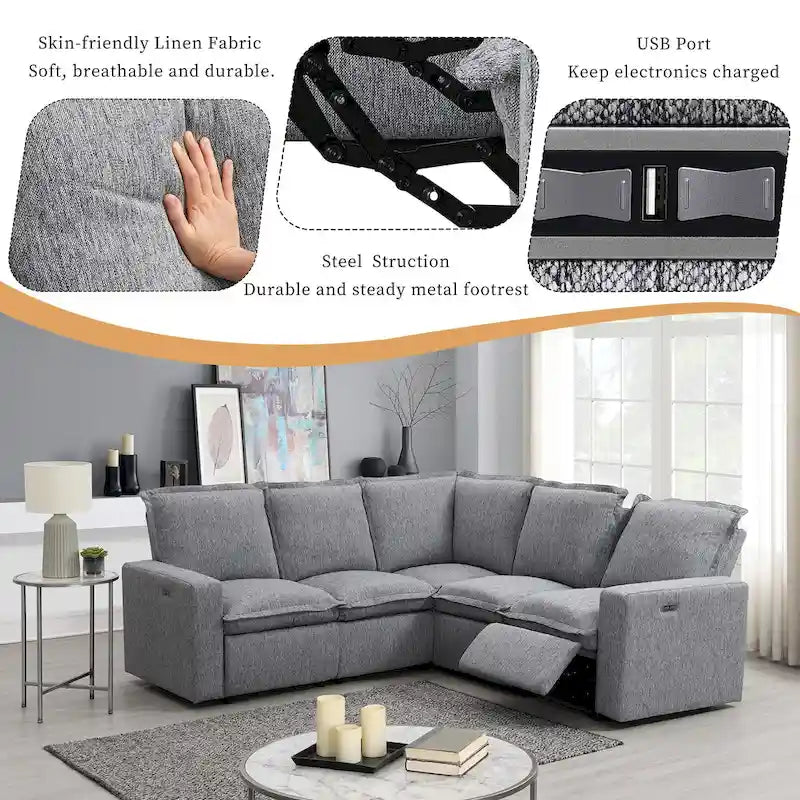 Canapé d'angle en lin avec inclinaison électrique et USB