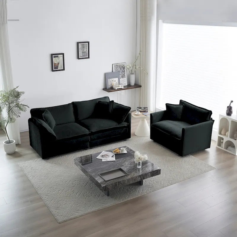 Canapé chenille noir avec causeuse et fauteuil simple