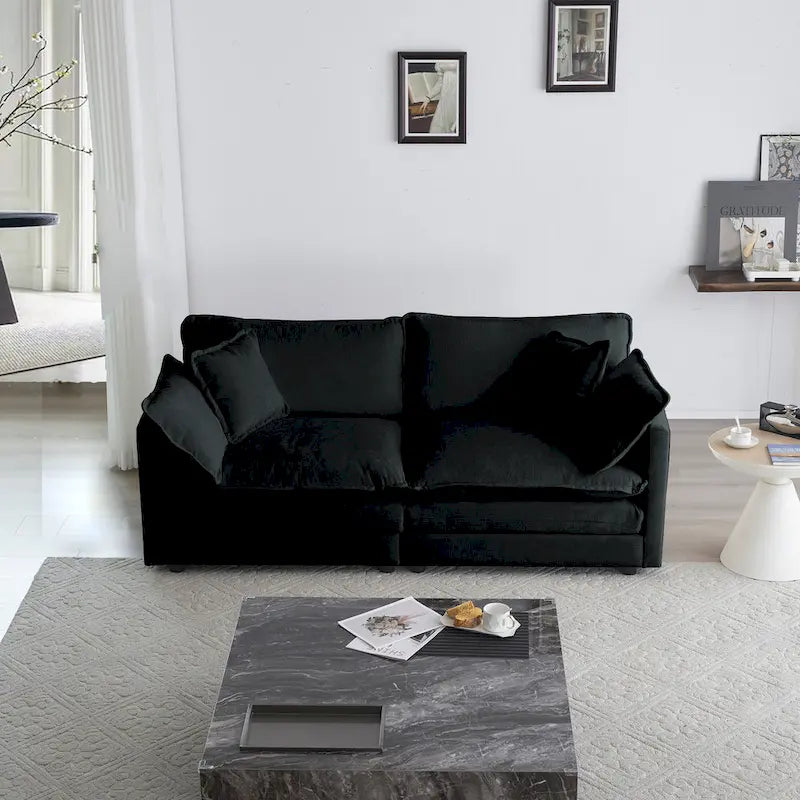 Canapé chenille noir avec causeuse et fauteuil simple
