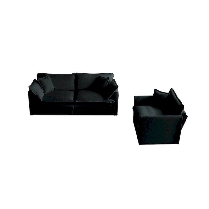 Canapé chenille noir avec causeuse et fauteuil simple
