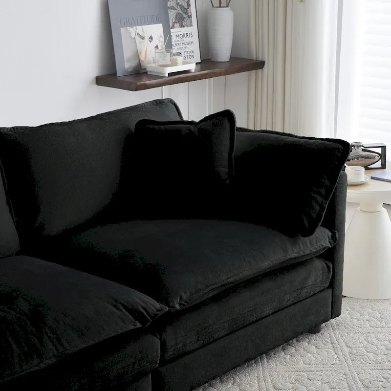 Canapé chenille noir avec causeuse et fauteuil simple