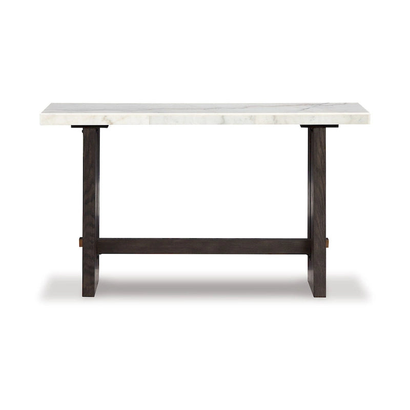 Console de canapé, plateau en marbre, pieds panneaux, bois marron 52 pouces