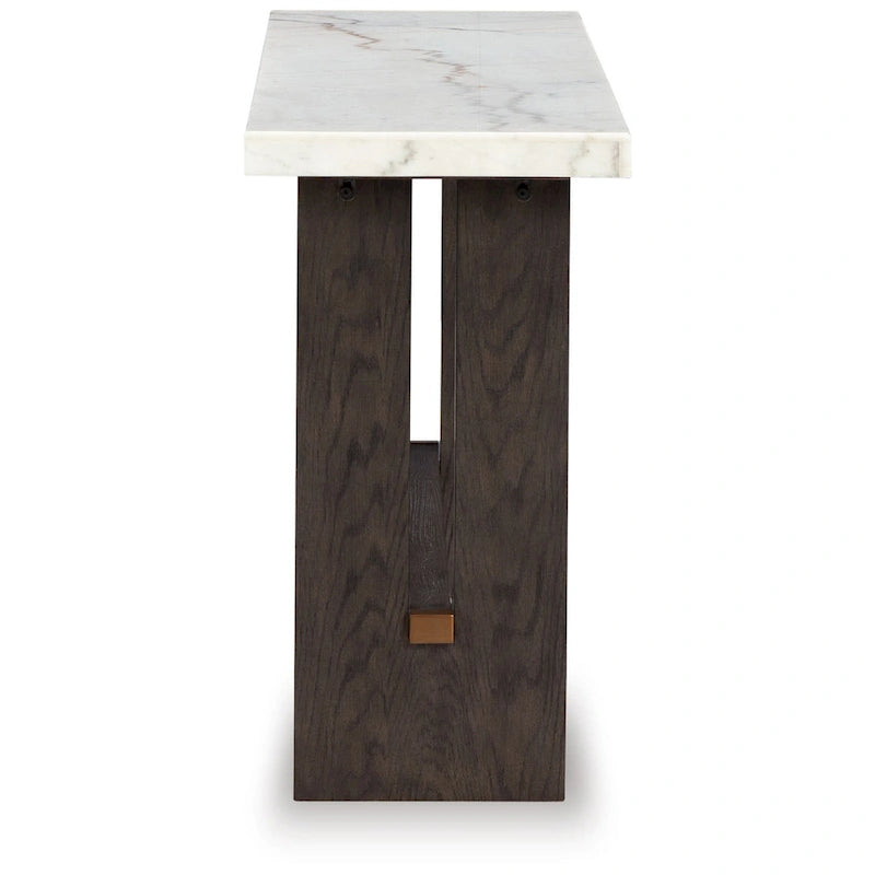 Console de canapé, plateau en marbre, pieds panneaux, bois marron 52 pouces