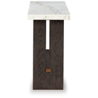 Console de canapé, plateau en marbre, pieds panneaux, bois marron 52 pouces