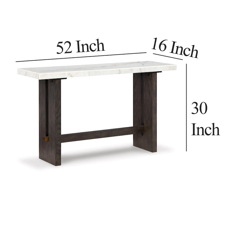 Console de canapé, plateau en marbre, pieds panneaux, bois marron 52 pouces