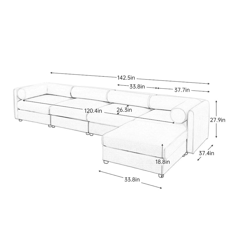 Canapé modulable en L rembourré en chenille de 142,5 po avec rangement sous l'assise