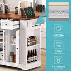 Îlot de cuisine avec rabat, 3 tiroirs et 5 étagères latérales ouvertes, desserte de cuisine roulante avec 2 portes d'armoire en verre trempé et prise de courant
