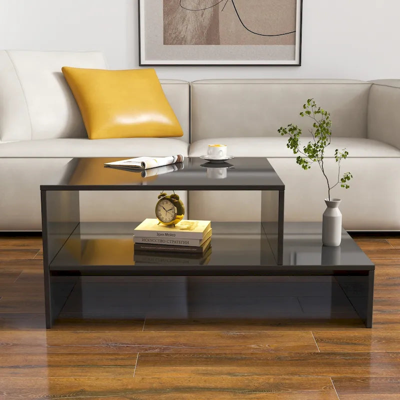 Table basse moderne minimaliste élégante à double plateau avec rangement ouvert, pour salon, noire