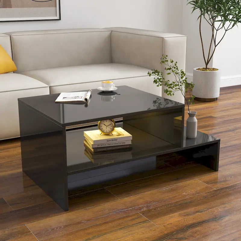 Table basse moderne minimaliste élégante à double plateau avec rangement ouvert, pour salon, noire