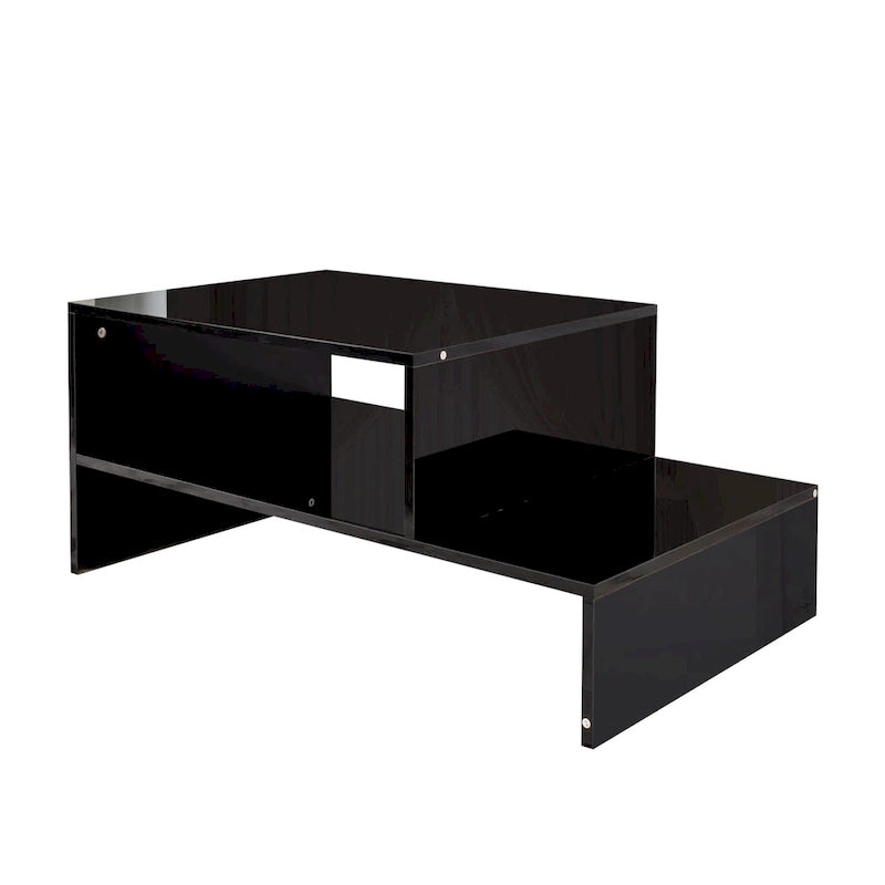 Table basse moderne minimaliste élégante à double plateau avec rangement ouvert, pour salon, noire