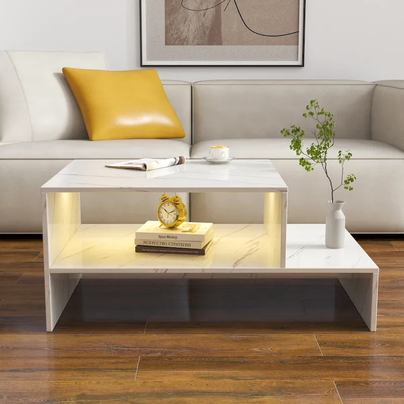 Table basse moderne minimaliste élégante à double plateau avec rangement ouvert, pour salon, noire