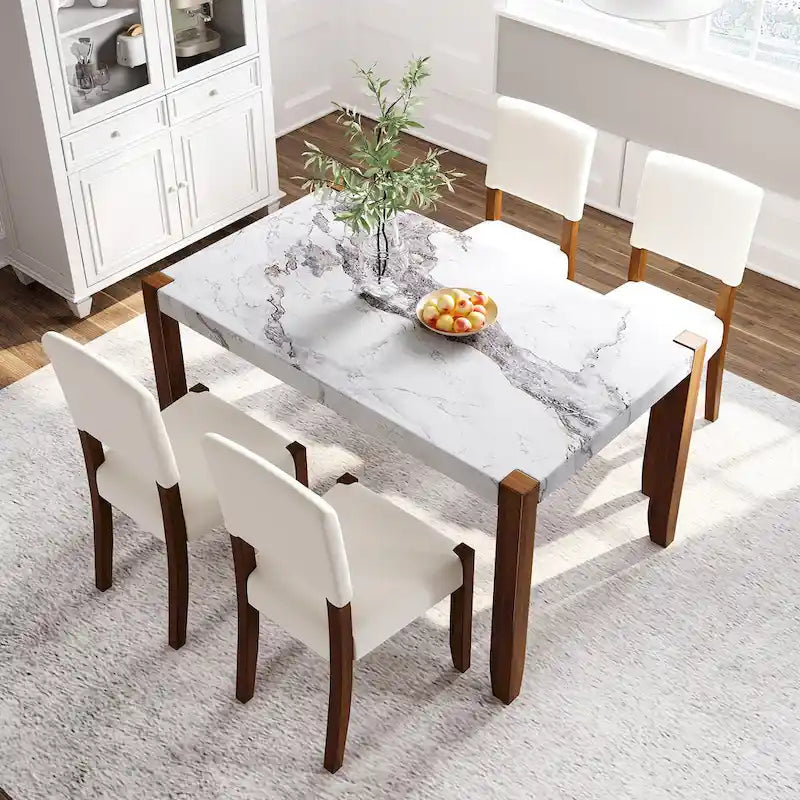 Ensemble de salle à manger 5 pièces, ensemble de salle à manger de cuisine pour 4 personnes avec table effet marbre et 4 chaises rembourrées