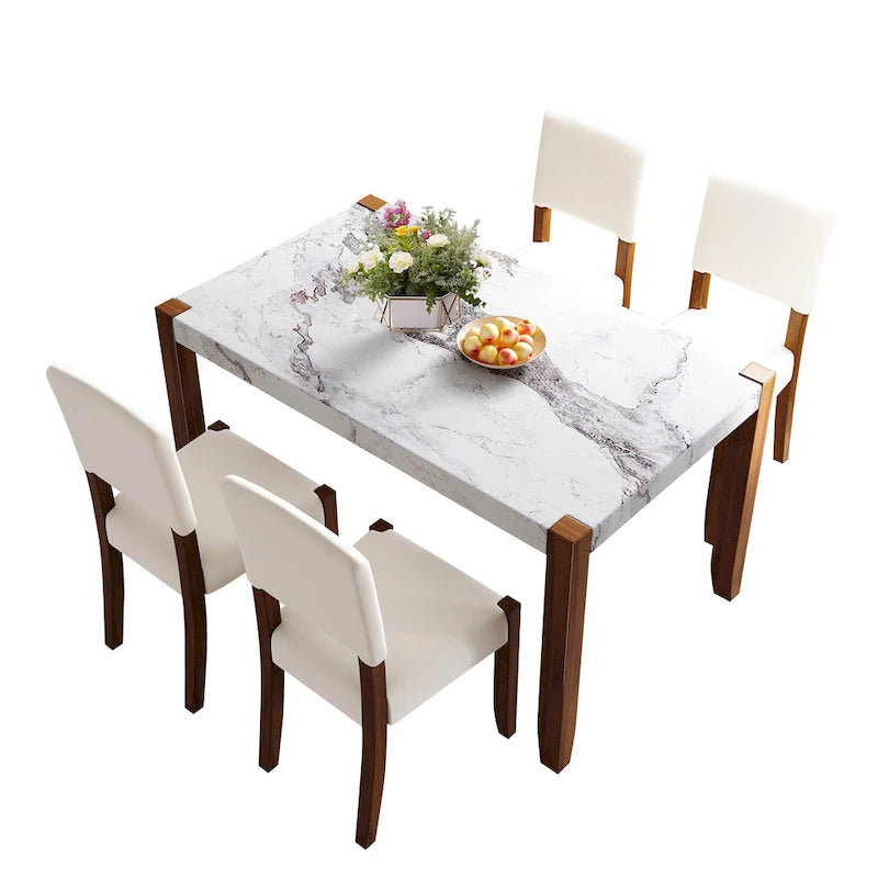 Ensemble de salle à manger 5 pièces, ensemble de salle à manger de cuisine pour 4 personnes avec table effet marbre et 4 chaises rembourrées