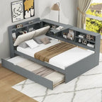 Cadre de lit de repos en bois avec rangement, lit plateforme moderne avec lit gigogne et tête de lit rembourrée et étagères, aucun sommier tapissier requis