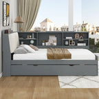 Cadre de lit de repos en bois avec rangement, lit plateforme moderne avec lit gigogne et tête de lit rembourrée et étagères, aucun sommier tapissier requis