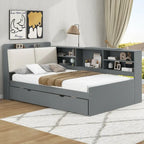 Cadre de lit de repos en bois avec rangement, lit plateforme moderne avec lit gigogne et tête de lit rembourrée et étagères, aucun sommier tapissier requis