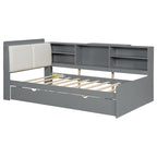 Cadre de lit de repos en bois avec rangement, lit plateforme moderne avec lit gigogne et tête de lit rembourrée et étagères, aucun sommier tapissier requis
