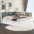 Cadre de lit de repos en bois avec rangement, lit plateforme moderne avec lit gigogne et tête de lit rembourrée et étagères, aucun sommier tapissier requis