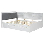 Cadre de lit de repos en bois avec rangement, lit plateforme moderne avec lit gigogne et tête de lit rembourrée et étagères, aucun sommier tapissier requis