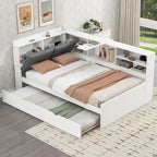 Cadre de lit de repos en bois avec rangement, lit plateforme moderne avec lit gigogne et tête de lit rembourrée et étagères, aucun sommier tapissier requis