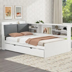 Cadre de lit de repos en bois avec rangement, lit plateforme moderne avec lit gigogne et tête de lit rembourrée et étagères, aucun sommier tapissier requis
