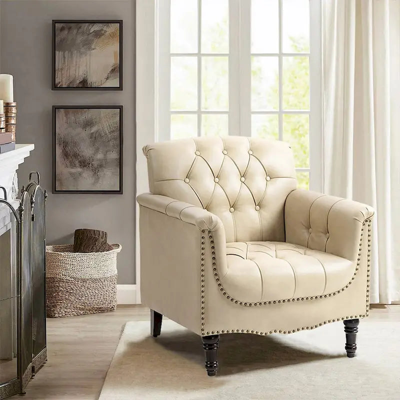 Fauteuil d'appoint capitonné en similicuir avec accoudoirs cloutés