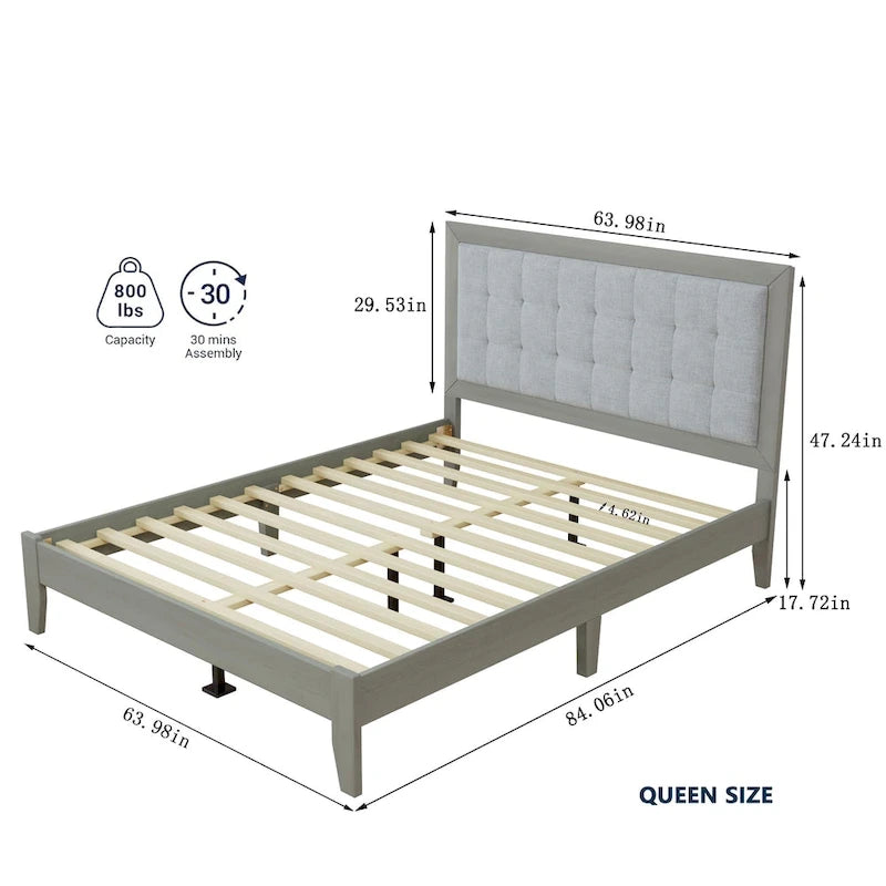 Lit plateforme Queen en bois massif avec tête de lit capitonnée