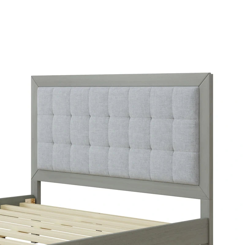 Lit plateforme Queen en bois massif avec tête de lit capitonnée