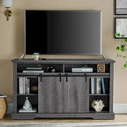 Meuble TV rustique avec porte coulissante de style grange, étagères de rangement supérieures et inférieures et étagères réglables pour salon