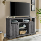 Meuble TV rustique avec porte coulissante de style grange, étagères de rangement supérieures et inférieures et étagères réglables pour salon