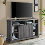 Meuble TV rustique avec porte coulissante de style grange, étagères de rangement supérieures et inférieures et étagères réglables pour salon