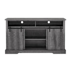 Meuble TV rustique avec porte coulissante de style grange, étagères de rangement supérieures et inférieures et étagères réglables pour salon