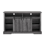 Meuble TV rustique avec porte coulissante de style grange, étagères de rangement supérieures et inférieures et étagères réglables pour salon