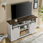 Meuble TV rustique avec porte coulissante de style grange, étagères de rangement supérieures et inférieures et étagères réglables pour salon