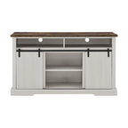Meuble TV rustique avec porte coulissante de style grange, étagères de rangement supérieures et inférieures et étagères réglables pour salon