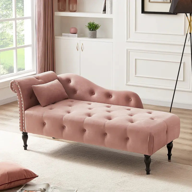 Chaise longue moderne de 60,6 po en velours capitonné avec pieds en bois massif et clous décoratifs