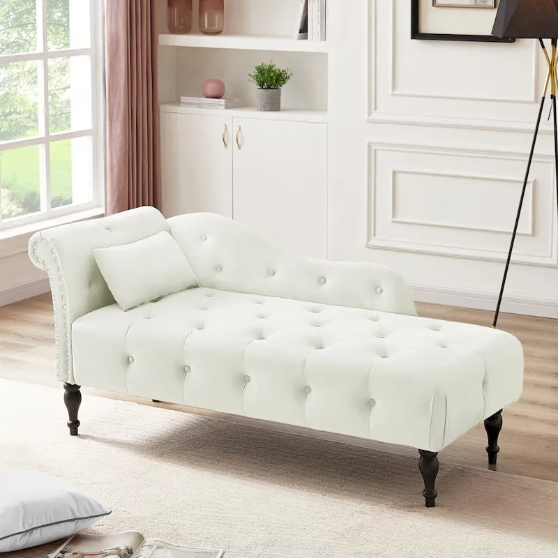 Chaise longue moderne de 60,6 po en velours capitonné avec pieds en bois massif et clous décoratifs