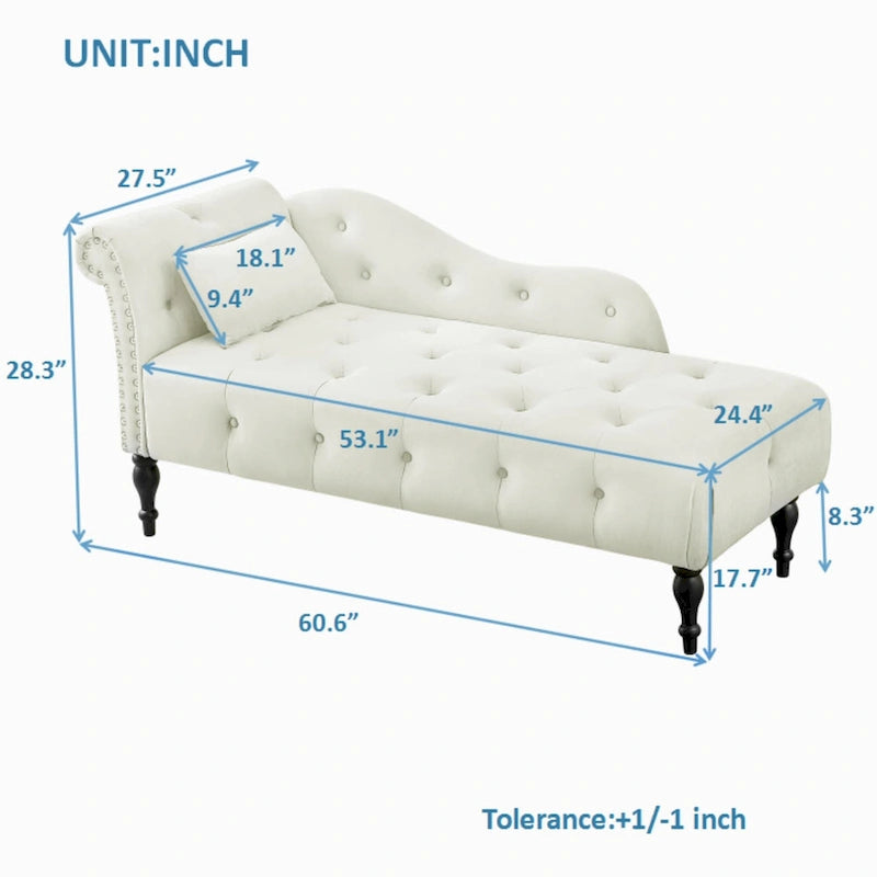 Chaise longue moderne de 60,6 po en velours capitonné avec pieds en bois massif et clous décoratifs
