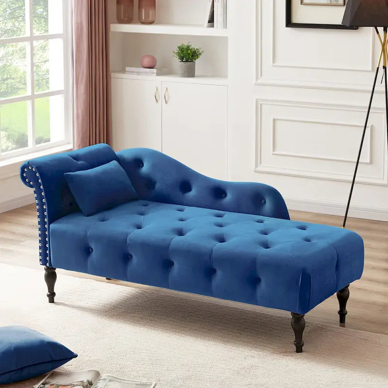 Chaise longue moderne de 60,6 po en velours capitonné avec pieds en bois massif et clous décoratifs