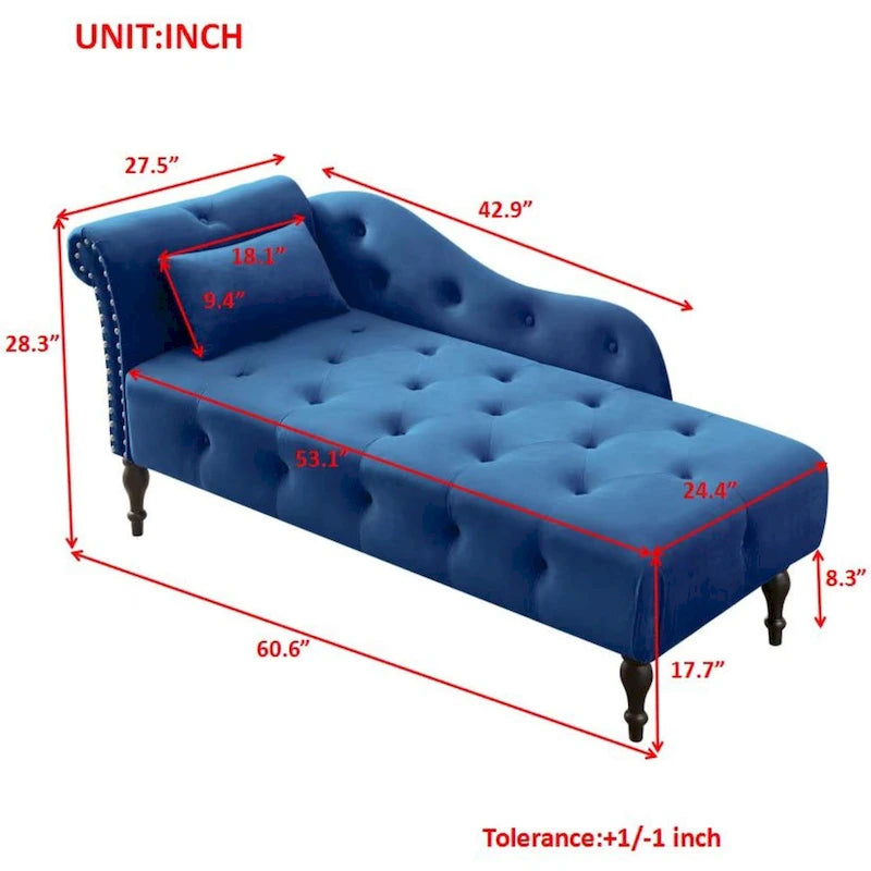 Chaise longue moderne de 60,6 po en velours capitonné avec pieds en bois massif et clous décoratifs