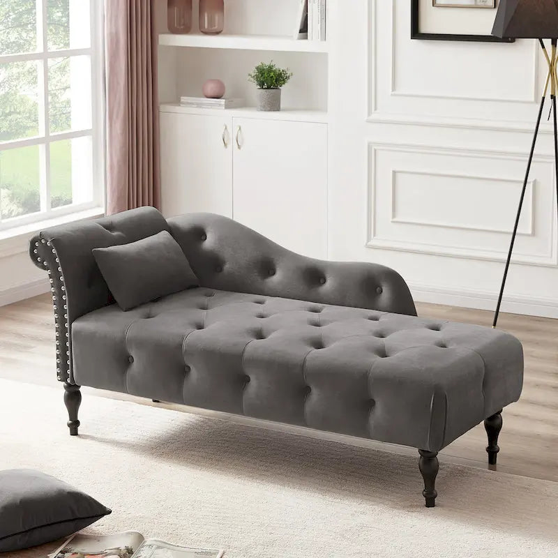 Chaise longue moderne de 60,6 po en velours capitonné avec pieds en bois massif et clous décoratifs