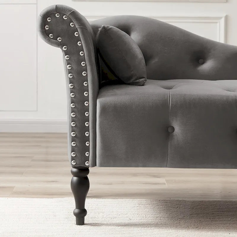 Chaise longue moderne de 60,6 po en velours capitonné avec pieds en bois massif et clous décoratifs