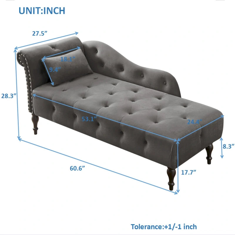 Chaise longue moderne de 60,6 po en velours capitonné avec pieds en bois massif et clous décoratifs
