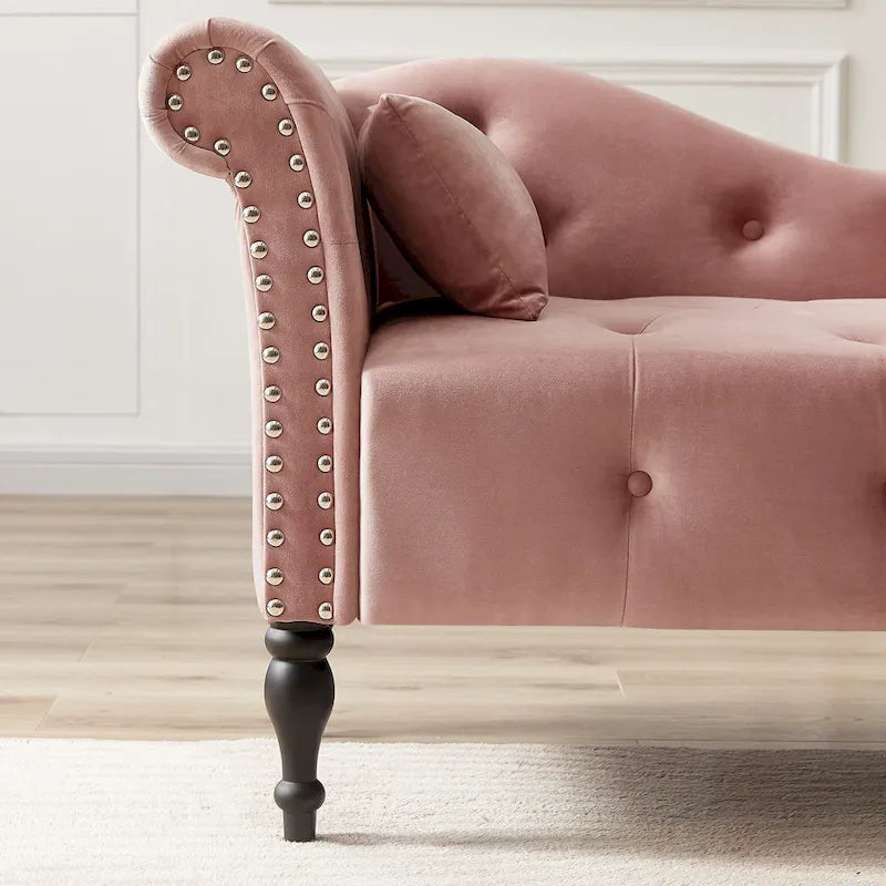 Chaise longue moderne de 60,6 po en velours capitonné avec pieds en bois massif et clous décoratifs