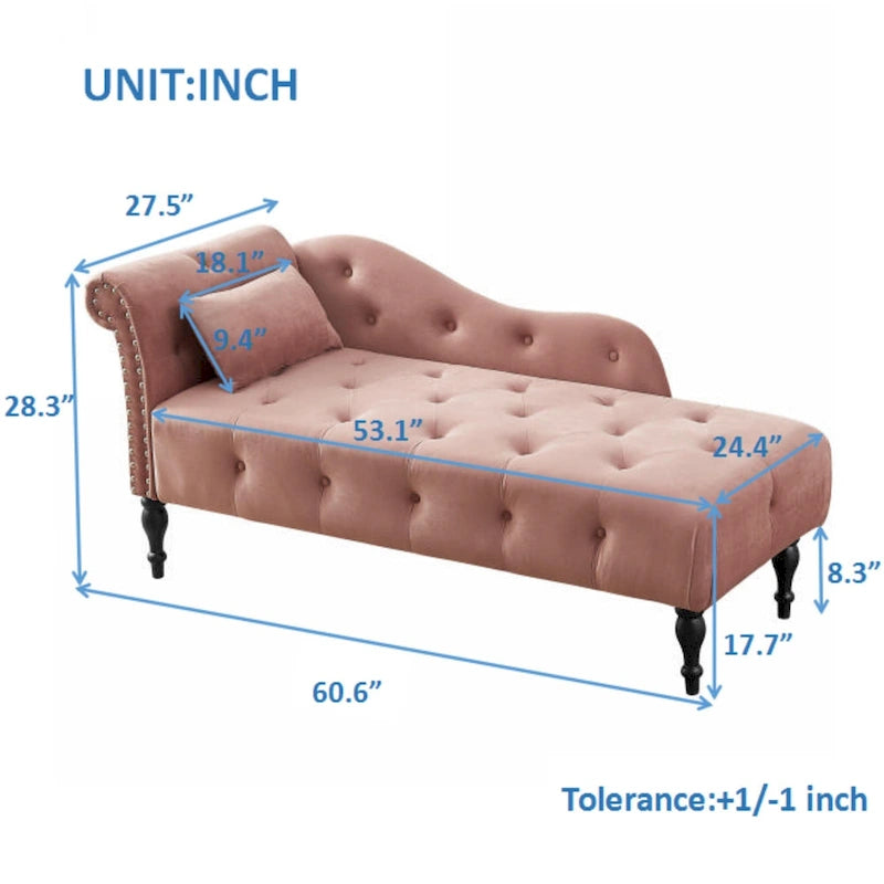 Chaise longue moderne de 60,6 po en velours capitonné avec pieds en bois massif et clous décoratifs