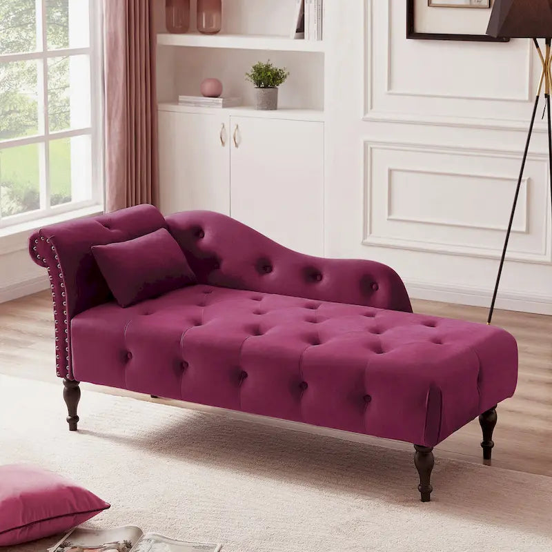 Chaise longue moderne de 60,6 po en velours capitonné avec pieds en bois massif et clous décoratifs