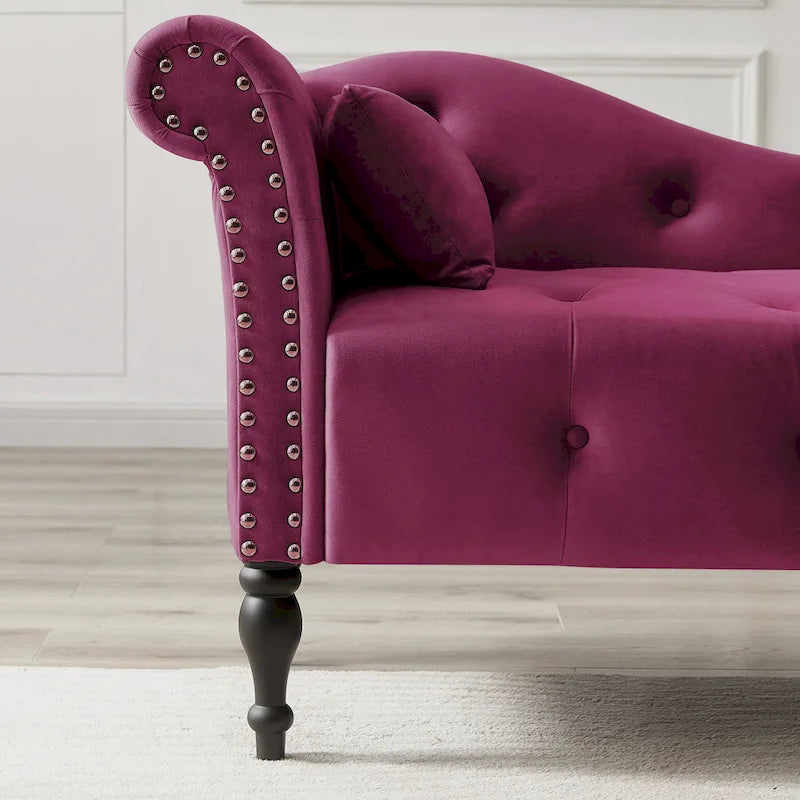 Chaise longue moderne de 60,6 po en velours capitonné avec pieds en bois massif et clous décoratifs