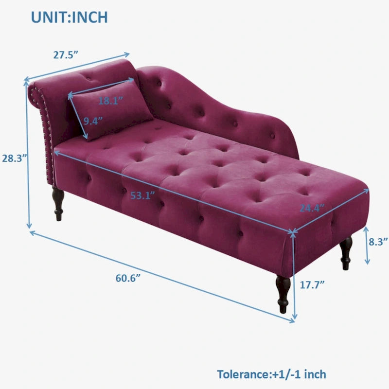 Chaise longue moderne de 60,6 po en velours capitonné avec pieds en bois massif et clous décoratifs