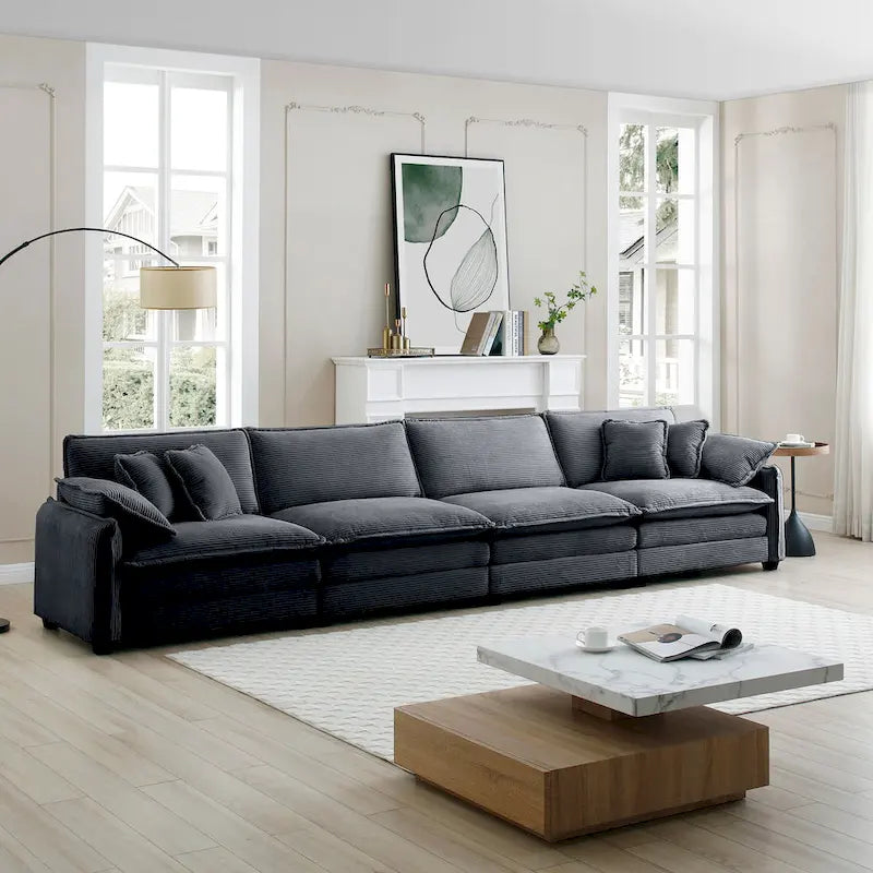 Canapé modulable 4 places en velours côtelé gris 150, 6 oreillers
